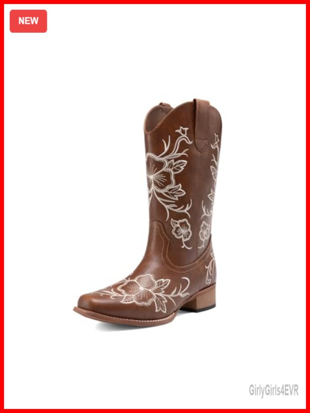 Women's Mid-Calf Cowboy Boots with Floral Embroidery Square Toe Pull-On